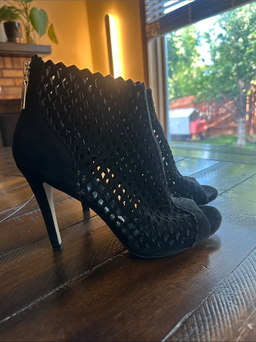Ivanka Trump Black Laser-Cut Peep-Toe Stiletto Booties